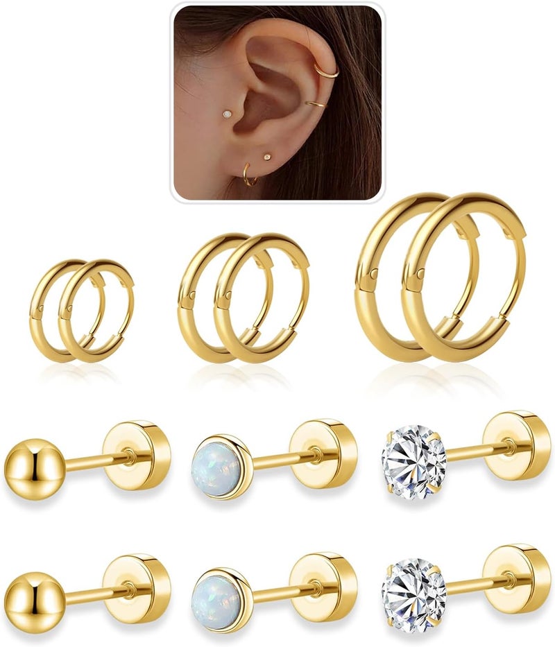 AMASIS Hypoallergenic Surgical Steel Earrings Sets for Sensitive Ears Lightweight Small Huggie Hoop Earrings 20G Stainless Steel Opal Ball Pearl CZ Flat Back Earrings for Women Men Trendy Cartilage Earrings Hoop Stud - Image 1
